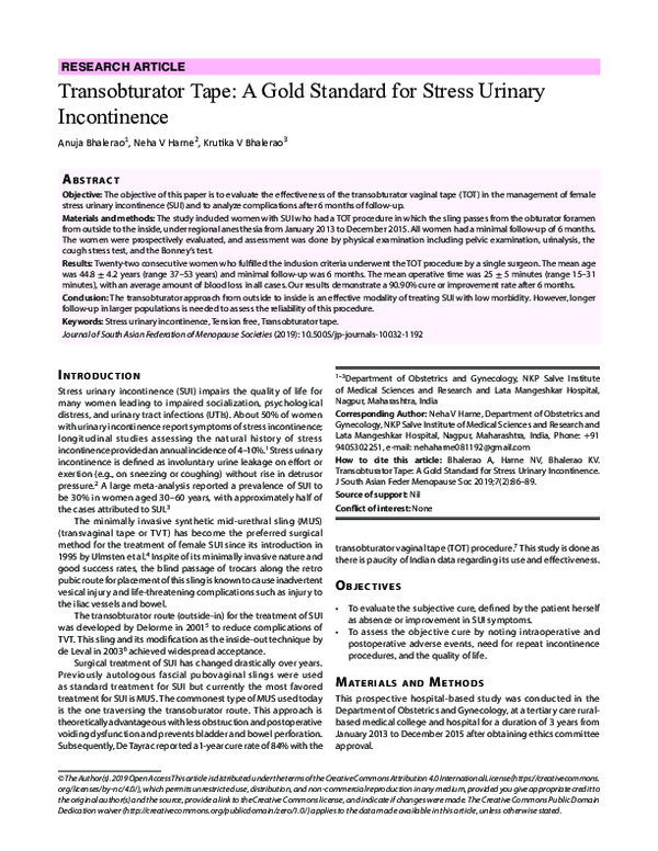(PDF) Transobturator Tape: A Gold Standard for Stress Urinary Incontinence