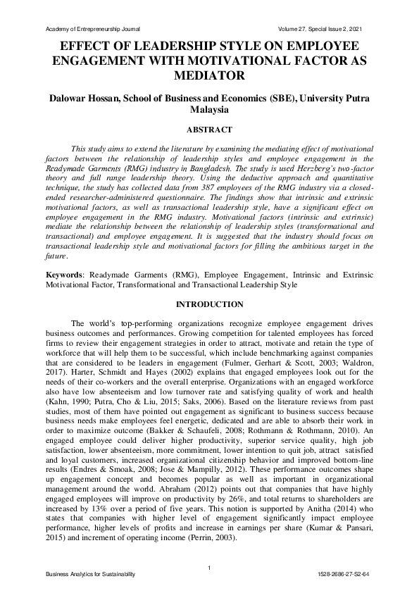 (PDF) EFFECT OF LEADERSHIP STYLE ON EMPLOYEE ENGAGEMENT WITH ...