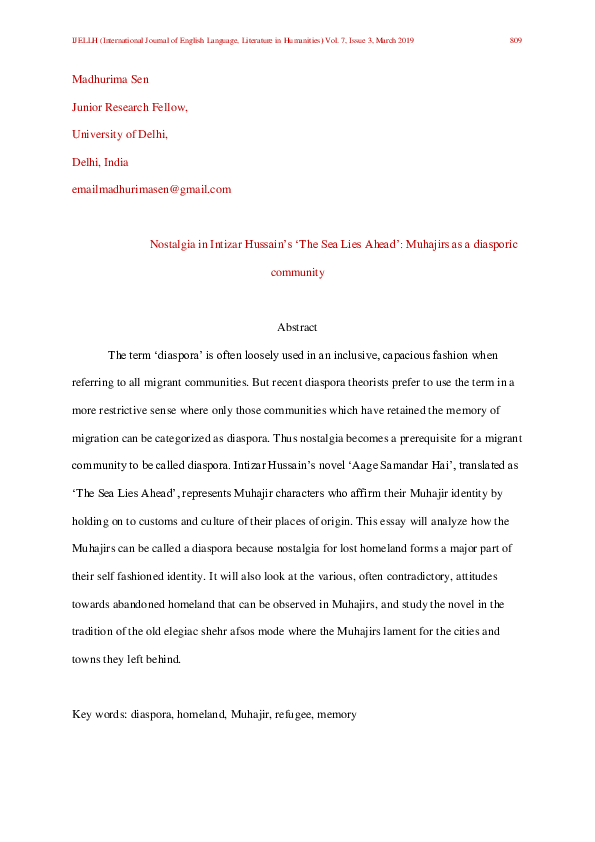 (PDF) Nostalgia in Intizar Hussain's 'The Sea Lies Ahead': Muhajirs as ...