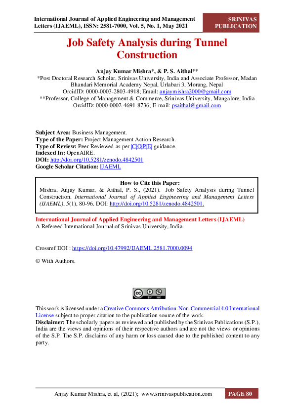 (PDF) Job Safety Analysis during Tunnel Construction Srinivas