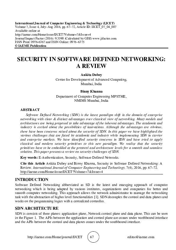 (PDF) SECURITY IN SOFTWARE DEFINED NETWORKING: A REVIEW