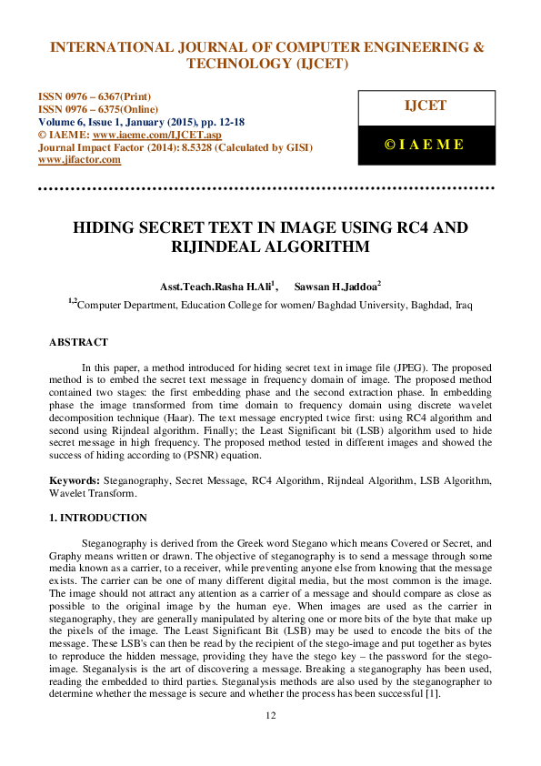 (PDF) HIDING SECRET TEXT IN IMAGE USING RC4 AND RIJINDEAL ALGORITHM