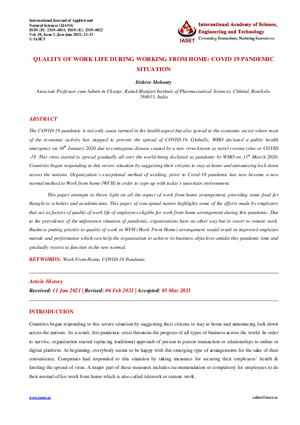 (PDF) QUALITY OF WORK LIFE DURING WORKING FROM HOME: COVID 19 PANDEMIC ...