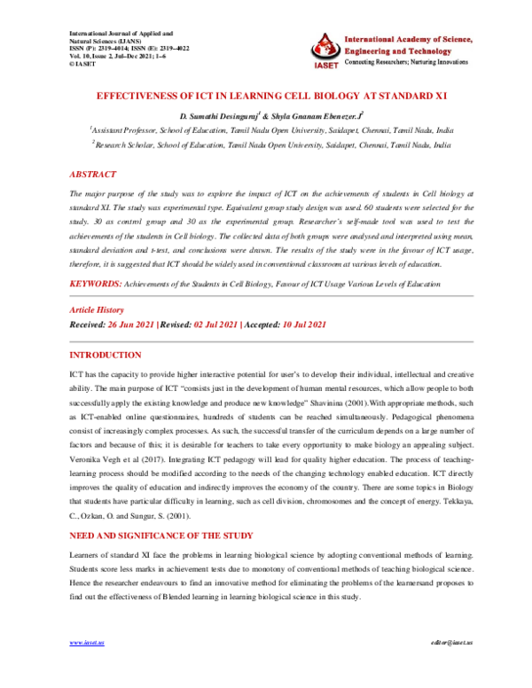 (PDF) EFFECTIVENESS OF ICT IN LEARNING CELL BIOLOGY AT STANDARD XI