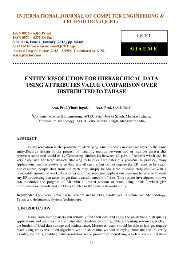 (PDF) ENTITY RESOLUTION FOR HIERARCHICAL DATA USING ATTRIBUTES VALUE ...
