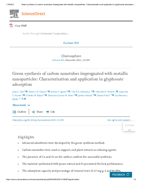 (PDF) Green synthesis of carbon nanotubes impregnated with metallic ...