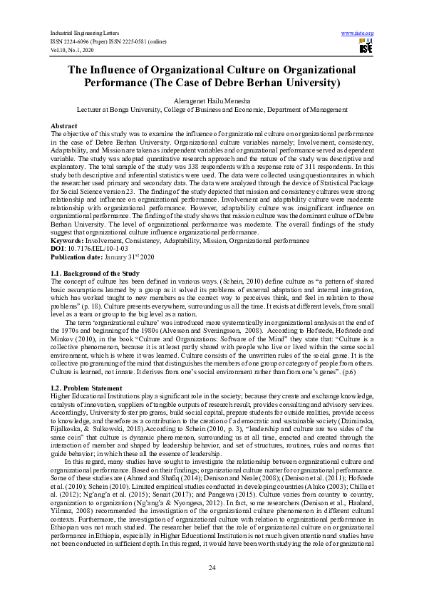 (PDF) Influence Of Organizational Culture On Organizational Performance