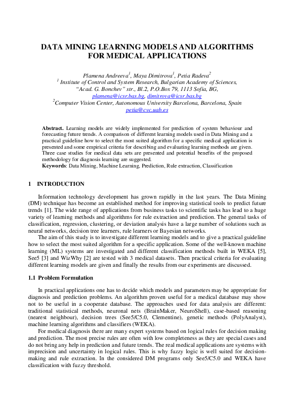 (PDF) Data Mining Learning Models and Algorithms for Medical Applications