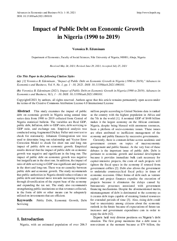 (PDF) Impact of Public Debt on Economic Growth in Nigeria (1990 to 2019)