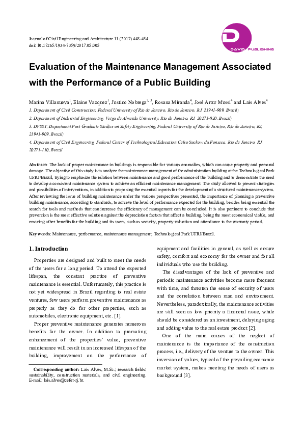 (PDF) Evaluation of the Maintenance Management Associated with the ...