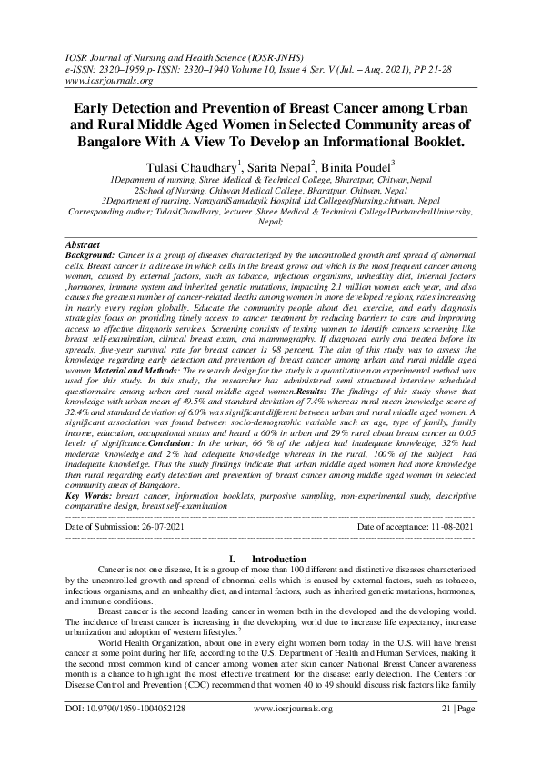 (PDF) Early Detection and Prevention of Breast Cancer among Urban and ...
