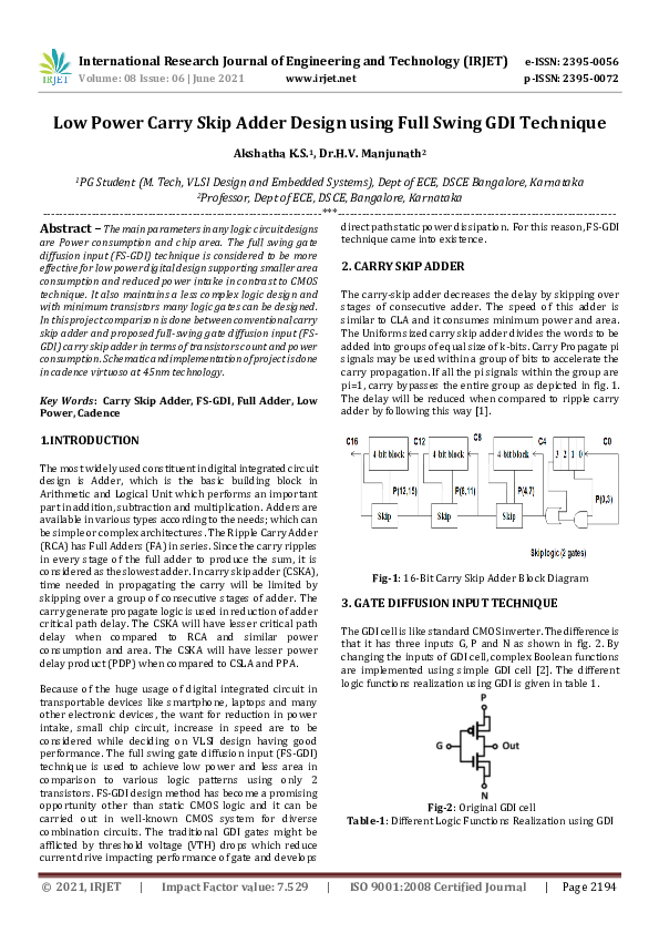 (PDF) IRJET- Low Power Carry Skip Adder Design using Full Swing GDI ...