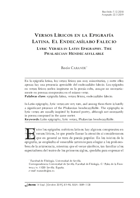 (PDF) Versos Líricos en la epigrafía latina. El endecasílabo falecio.