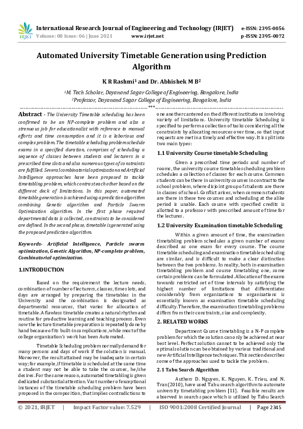 (PDF) IRJET- Automated University Timetable Generation using Prediction ...