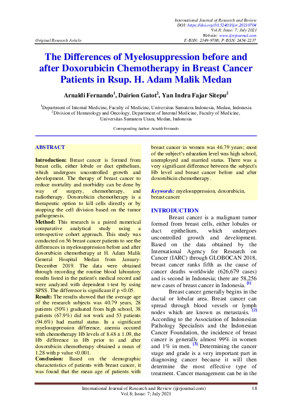 (PDF) The Differences of Myelosuppression before and after Doxorubicin ...