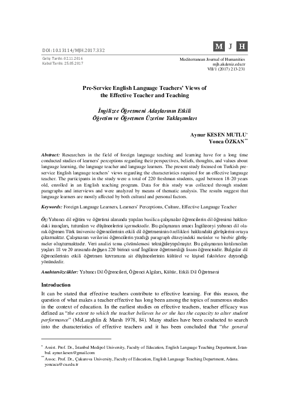 (PDF) Pre-Service English Language Teachers Views of The Effective ...