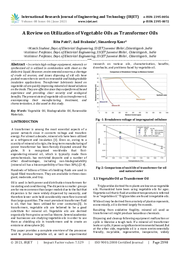 (PDF) IRJET A Review on Utilization of Vegetable Oils as Transformer