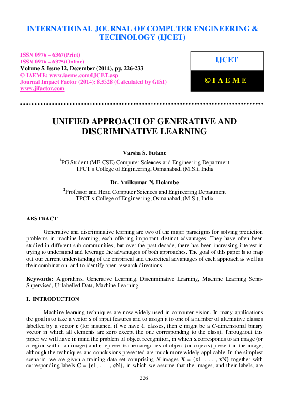(PDF) UNIFIED APPROACH OF GENERATIVE AND DISCRIMINATIVE LEARNING