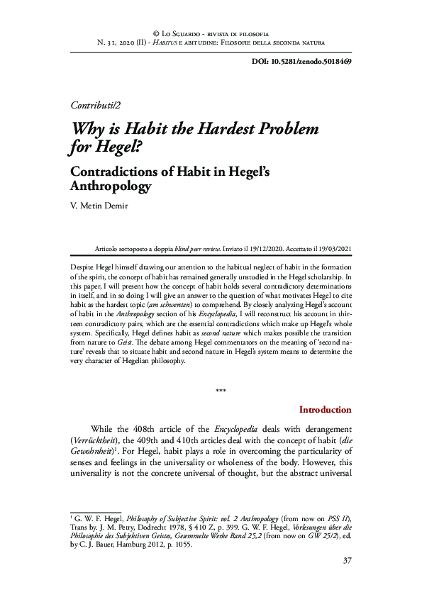 (PDF) Why is Habit the Hardest Problem for Hegel? Contradictions of ...