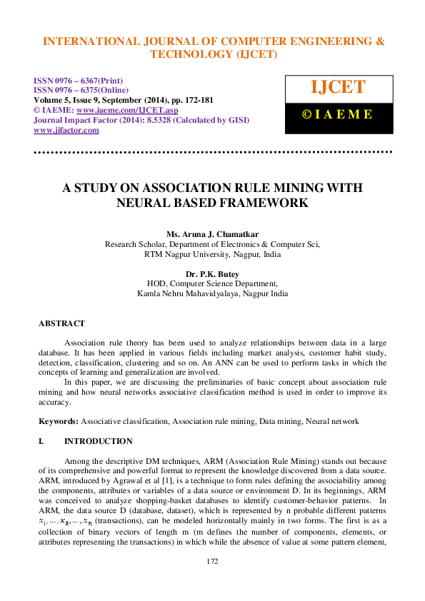 (PDF) A STUDY ON ASSOCIATION RULE MINING WITH NEURAL BASED FRAMEWORK