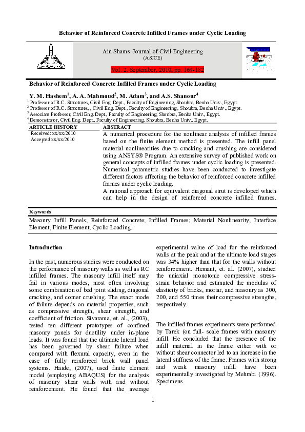 (PDF) Behavior of Reinforced Concrete Infilled Frames under Cyclic Loading