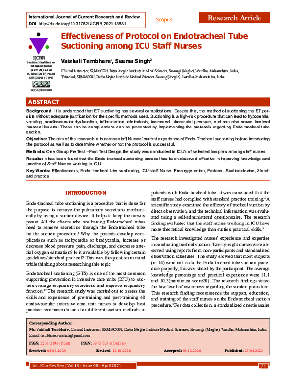 (PDF) Effectiveness of Protocol on Endotracheal Tube Suctioning among ...