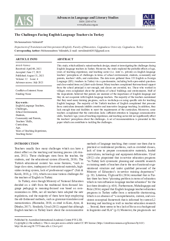 (PDF) The Challenges Facing English Language Teachers in Turkey