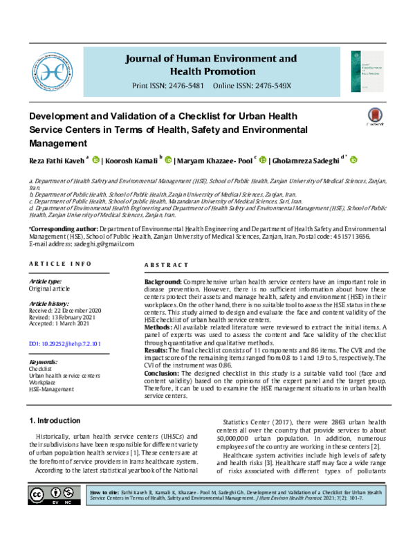 (PDF) Development and Validation of a Checklist for Urban Health ...