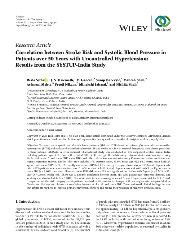 (PDF) Correlation between Stroke Risk and Systolic Blood Pressure in ...