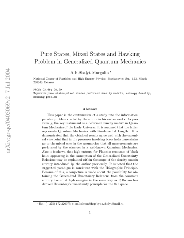 (PDF) Pure states, mixed states and Hawking problem in generalized ...