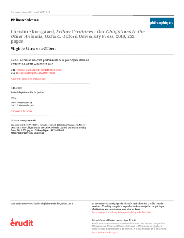 (PDF) Christine Korsgaard, Fellow Creatures : Our Obligations to the ...