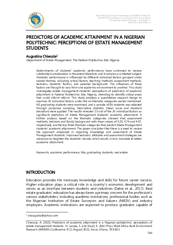 (PDF) PREDICTORS OF ACADEMIC ATTAINMENT IN A NIGERIAN POLYTECHNIC ...