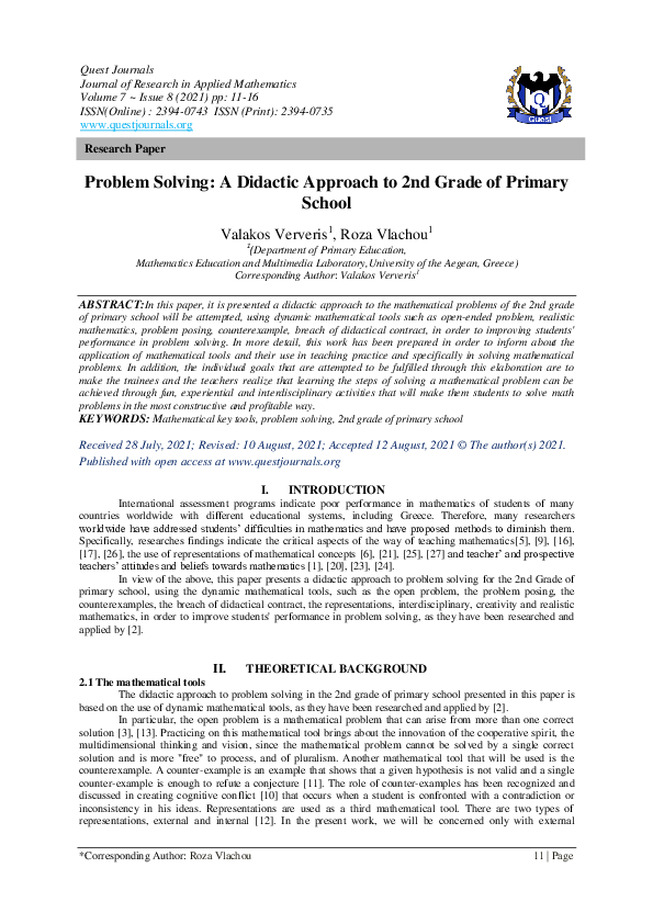 (PDF) Problem Solving: A Didactic Approach to 2nd Grade of Primary School