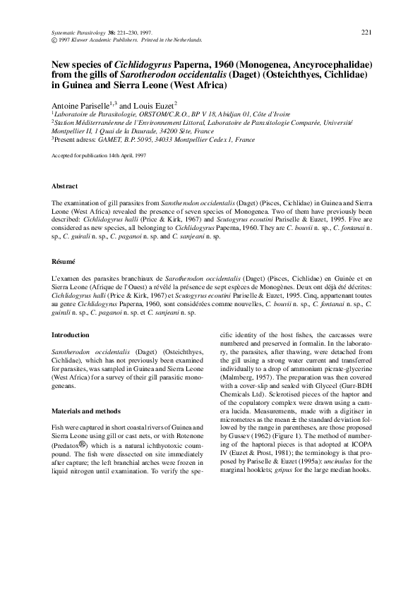 (PDF) New species of Cichlidogyrus Paperna, 1960 (Monogenea ...