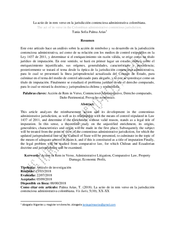 (PDF) La actio de in rem verso en la jurisdicción contenciosa administrativa colombiana Sofia