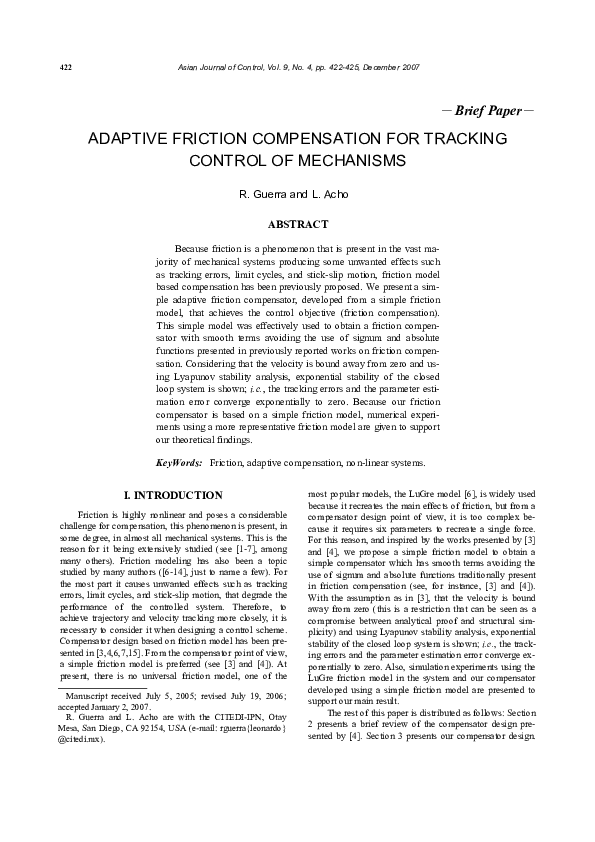 (PDF) Adaptive Friction Compensation For Tracking Control Of Mechanisms