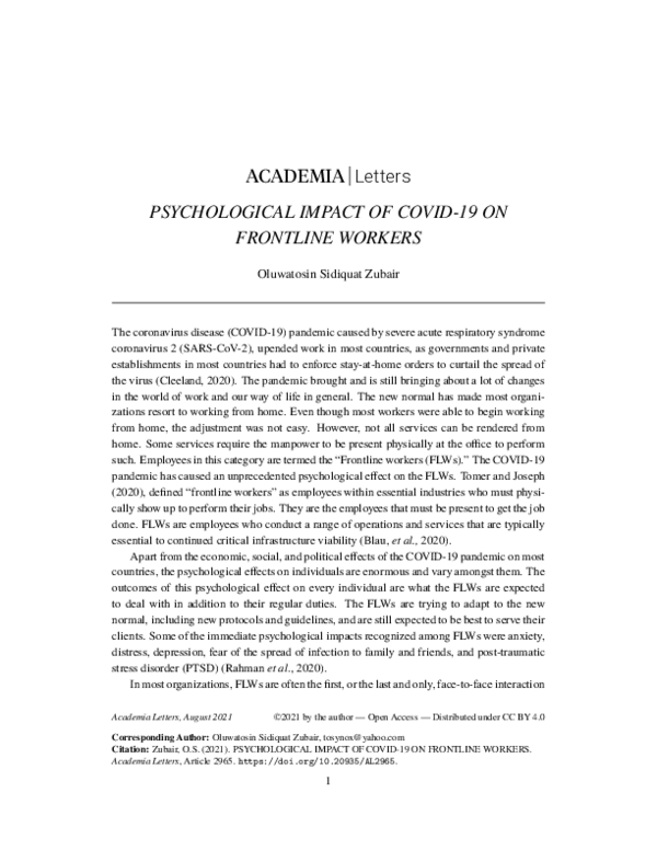 (PDF) PSYCHOLOGICAL IMPACT OF COVID-19 ON FRONTLINE WORKERS