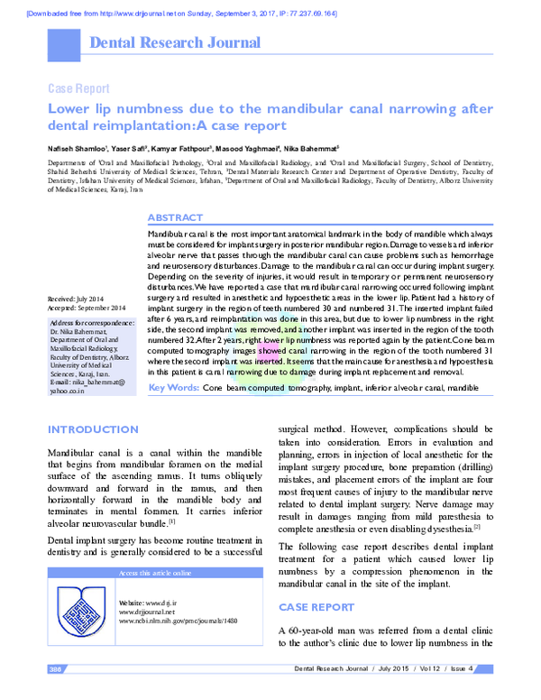 (PDF) Lower lip numbness due to the mandibular canal narrowing after