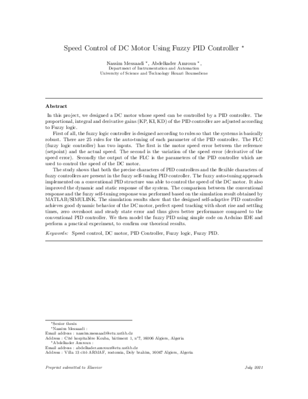(PDF) Speed Control of DC Motor Using Fuzzy PID Controller