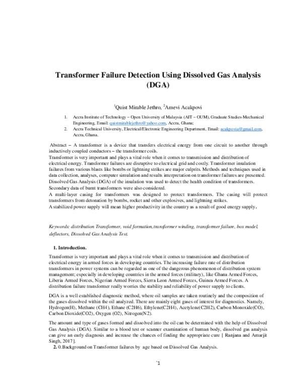 (PDF) Transformer Failure Detection Using Dissolved Gas Analysis (DGA