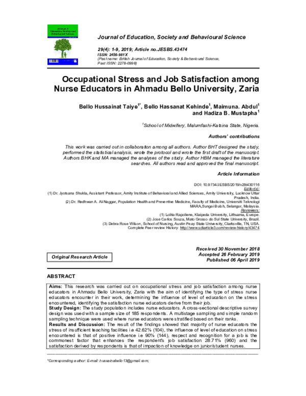 (PDF) Occupational Stress and Job Satisfaction among Nurse Educators in ...