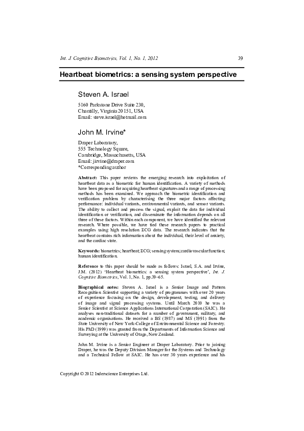 (PDF) Heartbeat biometrics a sensing system perspective John Irvine
