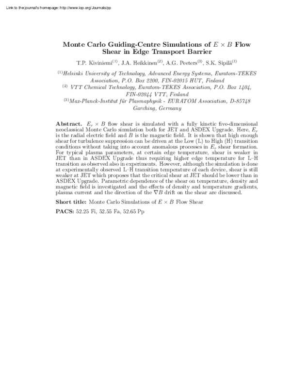 (PDF) Monte Carlo guiding-centre simulations of E × B flow shear in ...