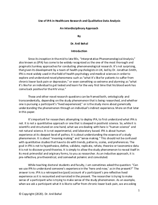 (PDF) Use of IPA in Healthcare Research and Qualitative Data Analysis ...