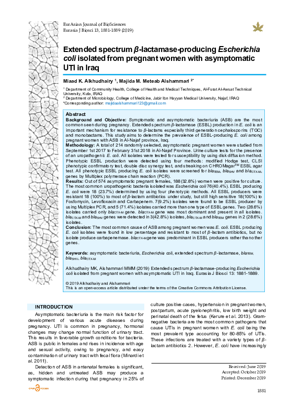 (PDF) Extended spectrum β lactamase producing Escherichia coli isolated ...