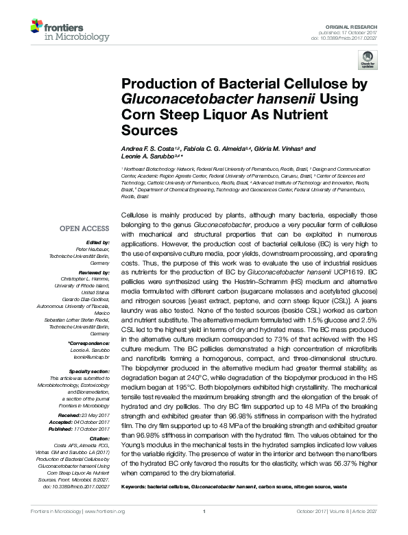 (PDF) Production of bacterial cellulose by Gluconacetobacter hasenii ...