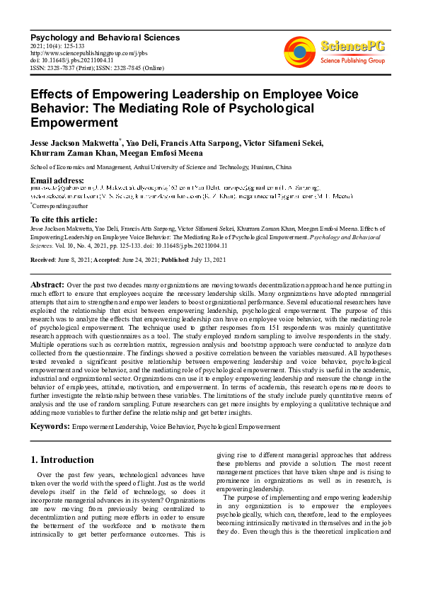 (PDF) Effects of Empowering Leadership on Employee Voice Behavior: The ...