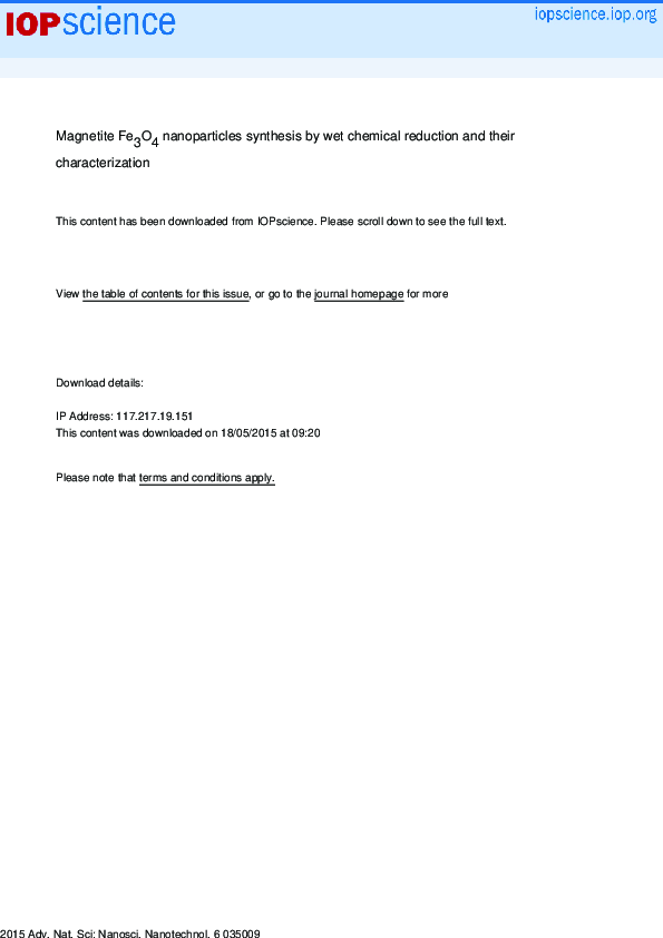 (PDF) Magnetite Fe 3 O 4 nanoparticles synthesis by wet chemical ...