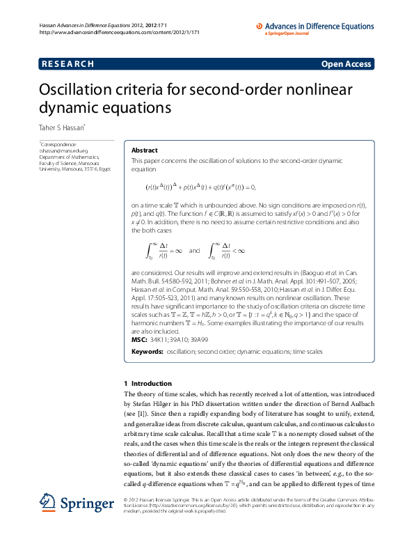 (PDF) Oscillation criteria for secondorder dynamic equations Taher Hassan