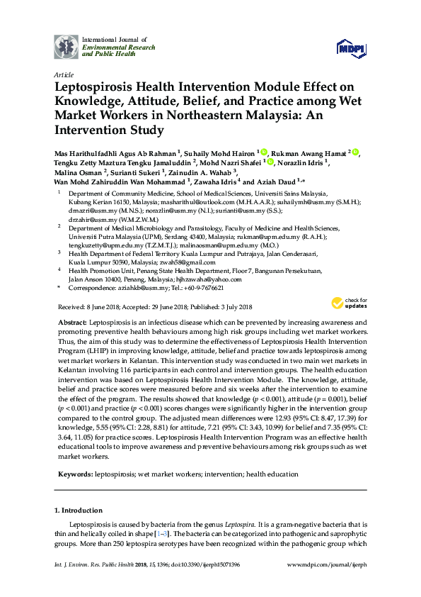 (PDF) Leptospirosis Health Intervention Module Effect on Knowledge